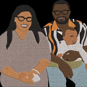 May include: A family portrait featuring a woman wearing a gray sweater and glasses, a man wearing a striped shirt and glasses, and a baby wearing a white shirt. The man is holding the baby.