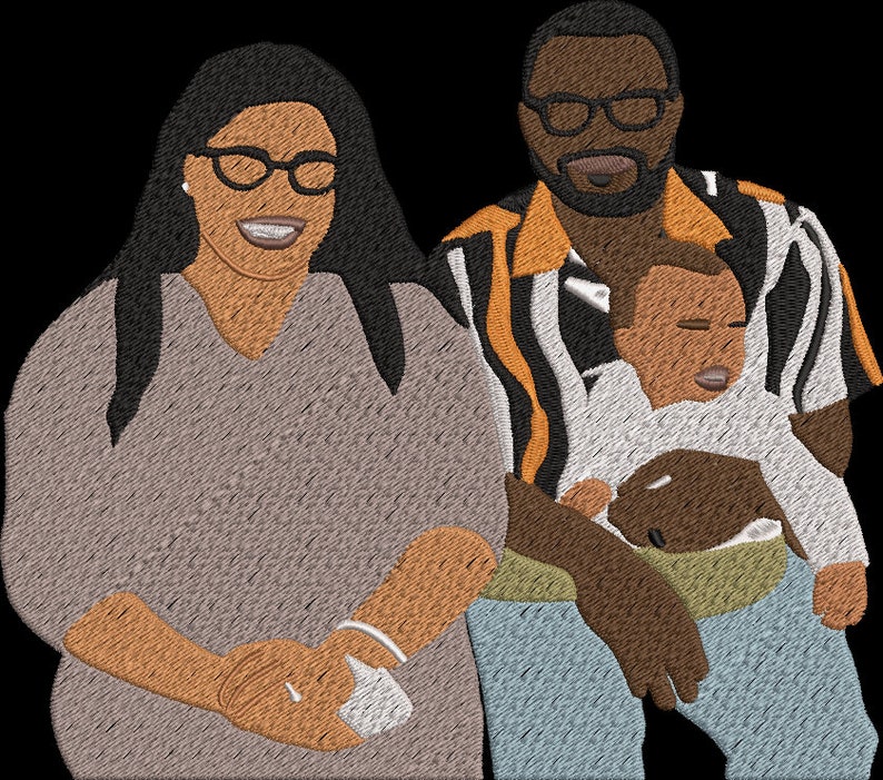 May include: A family portrait featuring a woman wearing a gray sweater and glasses, a man wearing a striped shirt and glasses, and a baby wearing a white shirt. The man is holding the baby.