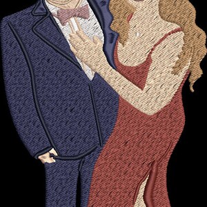 May include: A couple in formal attire. The man is wearing a dark blue suit with a white shirt and a bow tie. He is wearing sunglasses. The woman is wearing a red dress with a thin strap. She has long brown hair and is smiling.