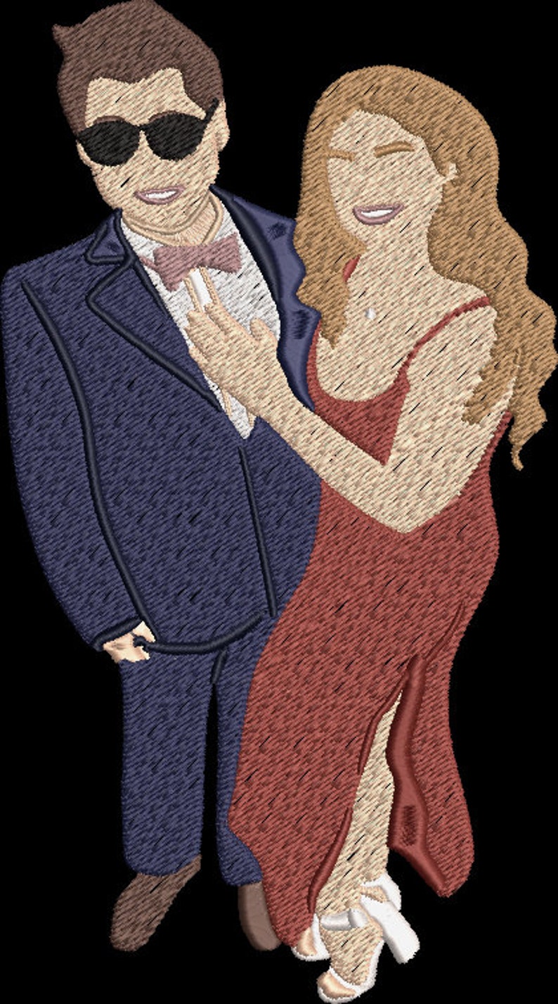 May include: A couple in formal attire. The man is wearing a dark blue suit with a white shirt and a bow tie. He is wearing sunglasses. The woman is wearing a red dress with a thin strap. She has long brown hair and is smiling.