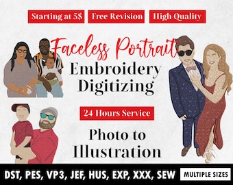 Custom faceless embroidery Portrait from photo, Custom gifts Couples Family Portrait tshirt hoodies sweatshirt PES DST designs, Faceless Art