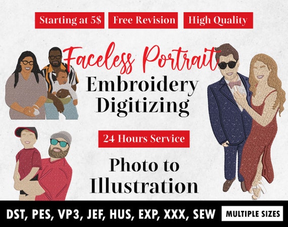 Custom faceless embroidery Portrait from photo, Custom gifts Couples Family Portrait tshirt hoodies sweatshirt PES DST designs, Faceless Art