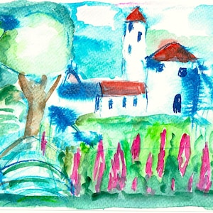 Paysage, maison blanche, carte postale, papier texturé