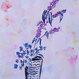 Flowers in an ornamental cup, unique piece, watercolor and ink, hand-painted, watercolor paper