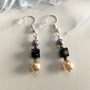 Handcrafted Bohemian Czech Glass Square Beads and Faux Pearls Dangle/Drop Boho Handmade Earrings Gift for her