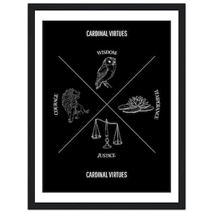 Puede incluir: Ilustración en blanco y negro de las cuatro virtudes cardinales: sabiduría, coraje, templanza y justicia. Cada virtud está representada por un símbolo: un búho, un león, un lirio y una balanza. El texto "Cardinal Virtues" aparece dos veces en la imagen.