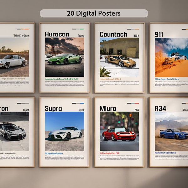 Set of 20 Cars Posters Cars Wall Art Cool Racing Home Decoration Digital Download Car Prints Aesthetic Sportscar Poster Bundle Gifts