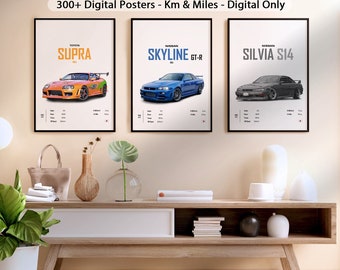 Lot de 3 affiches de voiture Fast & Furious Toyota Supra, Nissan Skyline, Silvia, impression numérique pour chambre d'enfant, bureau à domicile, chambre d'enfant, anniversaire à offrir