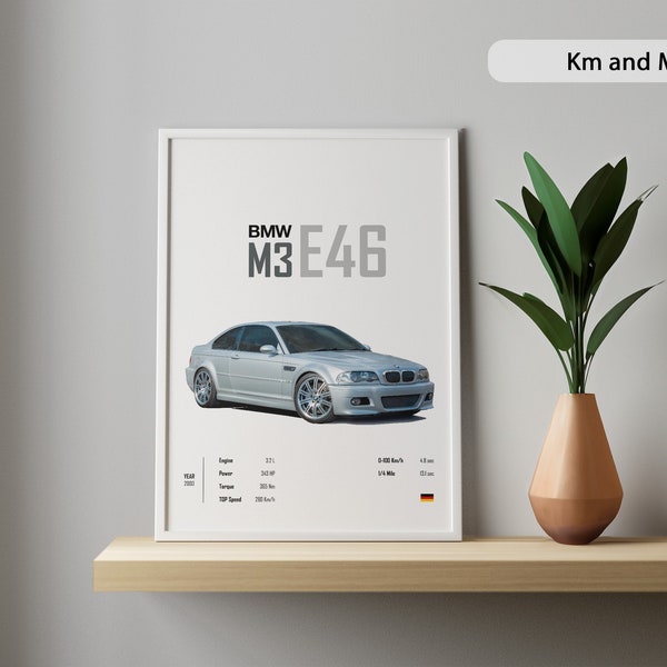 BMW E46 M3 Car Poster M2 M4 M5 M6 M8 Porsche 911 Audi Mercedes Benz Prints Wall Kids Boys Room Digital Home Office birthday Gift