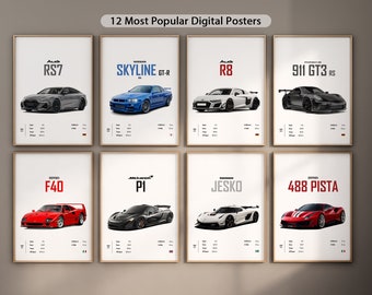 Set of 12 Most Popular Car Posters Wall Art Cool Racing Home Decoration Digital Download Car Prints Aesthetic Sportscar Poster Bundle Gifts