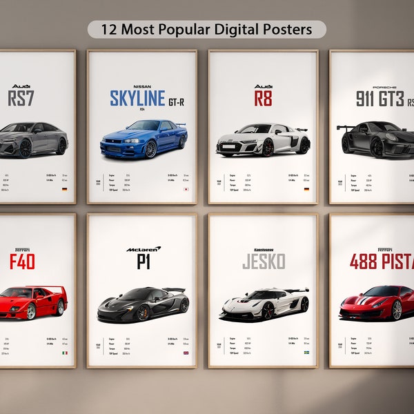 Set of 12 Most Popular Car Posters Wall Art Cool Racing Home Decoration Digital Download Car Prints Aesthetic Sportscar Poster Bundle Gifts