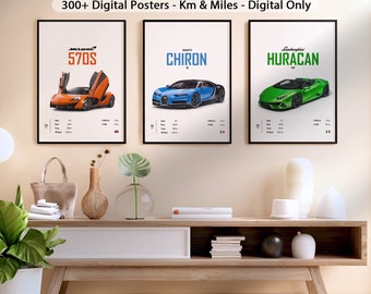 Lot de trois affiches de voiture Supercar McLaren 720S Bugatti Chiron Lambo Huracan, impressions murales pour chambre d'enfants et de garçons, numérique pour chambre d'enfant, anniversaire
