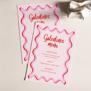 Plantilla editable para el menú de Galentines, descarga instantánea, rosa, rojo, ondulado, San Valentín, noche de chicas, menú de comida, cena