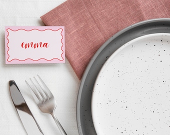 Pink and Red Place Card Template, Girl, Dinner Party, Printable, Digital Template, INSTANT DOWNLOAD, Wavy Design