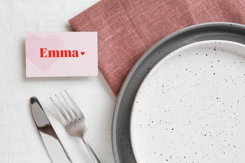 Elegant Place Card Template, Girl, Pink Red, Dinner Party, Printable, Digital Template, INSTANT DOWNLOAD, Love Heart image 1