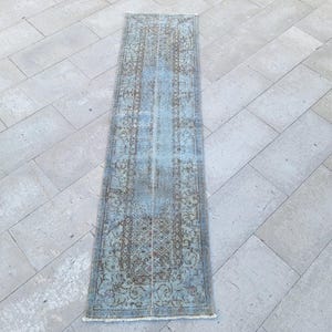 Vintage Recycle Patchwork Style Handwoven Runner rug, Cloud blue and Brown ( 1.9x7 ft)
