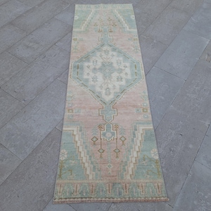 Handwoven Vintage Natural Wool Runner Rug, Anatolian Antique Green and Beige Carpet ( 2x6.3 ft)