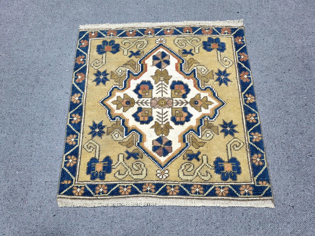 2x2 Handmade Square Wool Dark Yellow and White Blue Small Carpet,bath ...