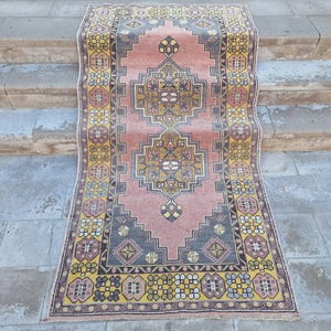 4x8 Hand-woven carpet in Pastel Red, Mustard Yellow and Grey,Vintage Turkish Rug,Oushak Rug,Elegant Rug,Living Room Rug,Home Decor Rug,4x7.6