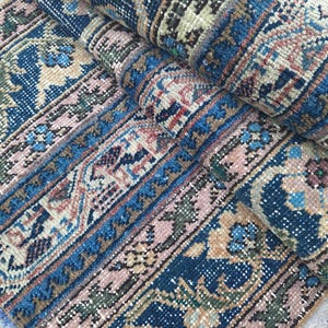 Alfombra de lana vintage hecha a mano, alfombra elegante azul, (1,9 x 6 pies)