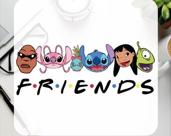 May include: A white DTF transfer featuring cartoon characters and the word "FRIENDS" in a colorful font. The phrase "READY TO PRESS" is at the top, and "DTF TRANSFER" is at the bottom.