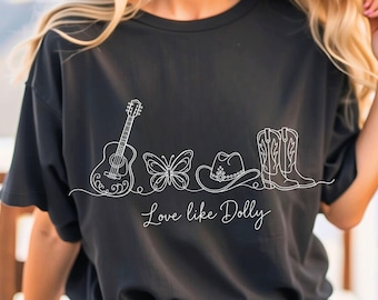 Transfert DTF Love Like Dolly, Country Western Prêt à presser, Guitare Cowgirl Papillon
