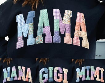 Patchwork Floral Mama DTF Transfer: Nana Mimi Gigi Ready To Press, Faux Embroidered Mom