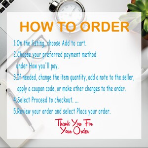 K&ouml;nnte beinhalten: Ein wei&szlig;es Blatt Papier mit einem schwarzen und orangen Titel "HOW TO ORDER" und einer Liste von f&uuml;nf Schritten zur Online-Bestellung eines Produkts. Die Schritte sind von 1 bis 5 nummeriert und beinhalten Anweisungen wie "Warenkorb hinzuf&uuml;gen", "Bevorzugte Zahlungsmethode ausw&auml;hlen", "Artikelmenge &auml;ndern", "Zur Kasse gehen" und "Bestellung &uuml;berpr&uuml;fen". Der Text "Thank You For Your Order" ist unten auf der Seite in Rot und Schwarz geschrieben.