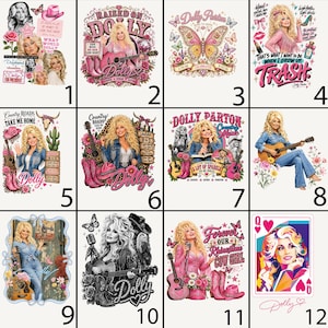 May include: A collection of twelve graphic designs featuring Dolly Parton in various outfits, poses, and settings, including guitars, butterflies, flowers, cowboy boots, hats, and text elements like Dolly, Country Roads, and Forever Our Rhinestone Cowgirl.