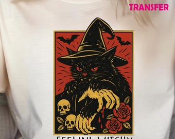 Witchy Cat DTF Transfer, Gothic Halloween Heat Press