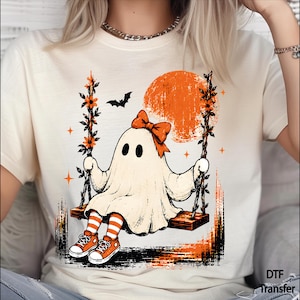 Cute Ghost Swing DTF Transfer,Retro Orange Moon Ready To Press, Spooky Season Bow Ghost