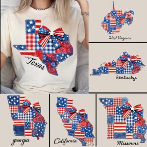 May include: Cream-colored t-shirt featuring a Texas-shaped design with a patchwork pattern of red, white, and blue fabrics, including stars and stripes. A red, white, and blue bow is at the top. The word "Texas" is written in script.