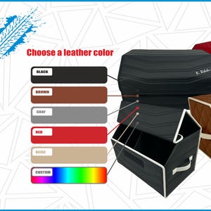May include: Image of car organizers in black, red, and brown leather. The image includes a color chart with options like black, brown, gray, red, beige, and custom. The text reads "Choose a leather color."