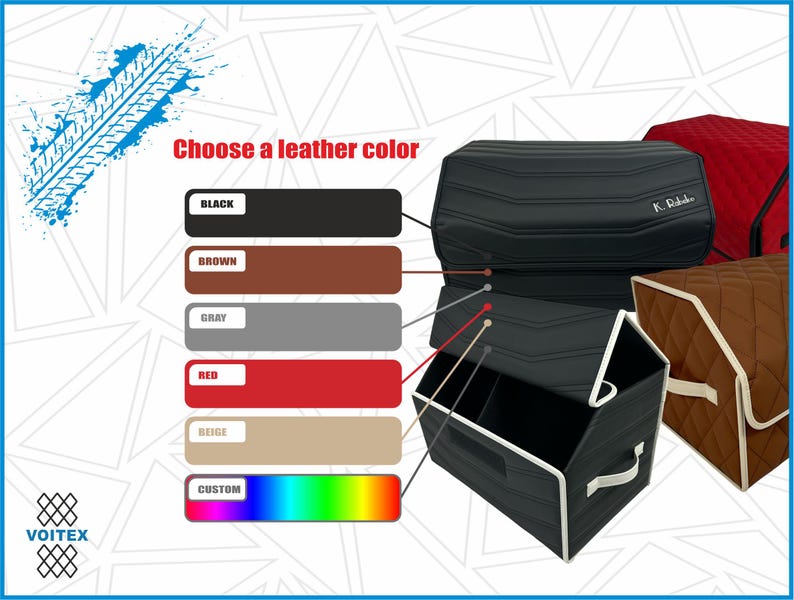 May include: Image of car organizers in black, red, and brown leather. The image includes a color chart with options like black, brown, gray, red, beige, and custom. The text reads "Choose a leather color."