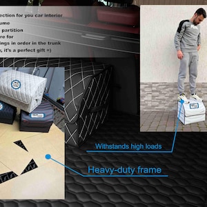 May include: Car interior organizer in black, white, and gray. The image shows several organizers with a quilted design, and a person standing on one. Text on the image says "Design selection for your car interior".