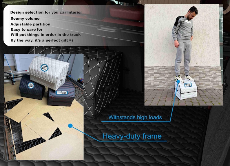 May include: Car interior organizer in black, white, and gray. The image shows several organizers with a quilted design, and a person standing on one. Text on the image says "Design selection for your car interior".