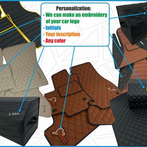 May include: Set of brown, beige, and black car floor mats with a quilted design. The mats are personalized with embroidered initials and a logo. The text "Personalization: We can make an embroidery of your car logo - Initials - Your inscription - Any color" is visible in the image.