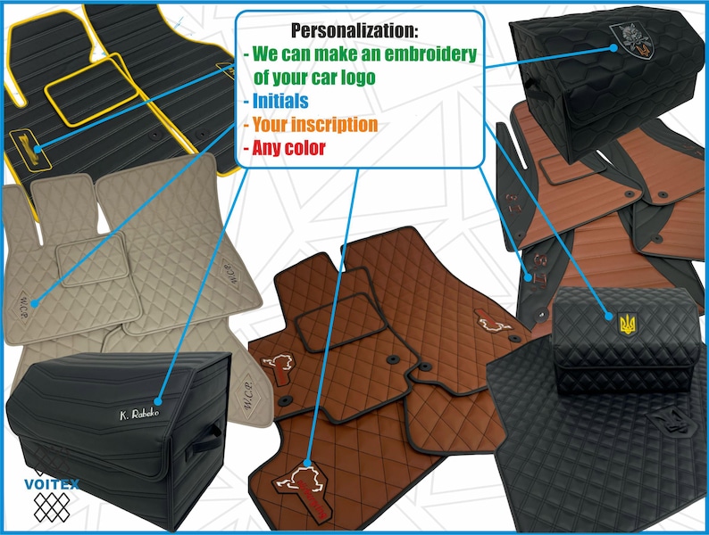 May include: Set of brown, beige, and black car floor mats with a quilted design. The mats are personalized with embroidered initials and a logo. The text "Personalization: We can make an embroidery of your car logo - Initials - Your inscription - Any color" is visible in the image.