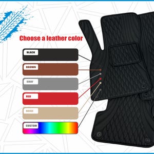 May include: A set of black leather car floor mats with a quilted pattern. Choose a leather color: black, brown, gray, red, beige, or custom.