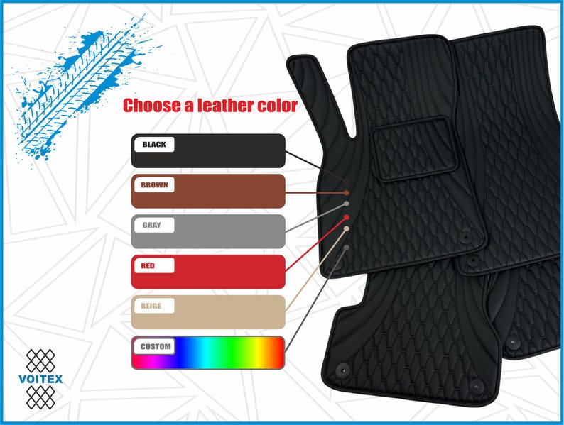 May include: A set of black leather car floor mats with a quilted pattern. Choose a leather color: black, brown, gray, red, beige, or custom.