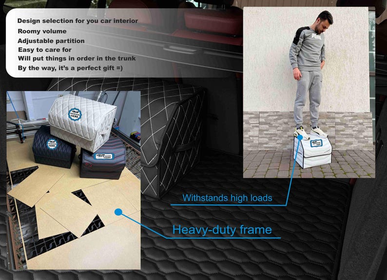 May include: Car trunk organizers in white, black, and gray, with a quilted design. The image shows the organizers in a car trunk, with text indicating features like adjustable partitions and a heavy-duty frame. A person is standing on one of the organizers.