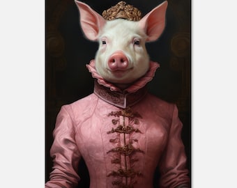 Pig, Cute, Queen, Pink, Portrait, Victorian, Gothic, Dark, Painting, Art, Print, Poster