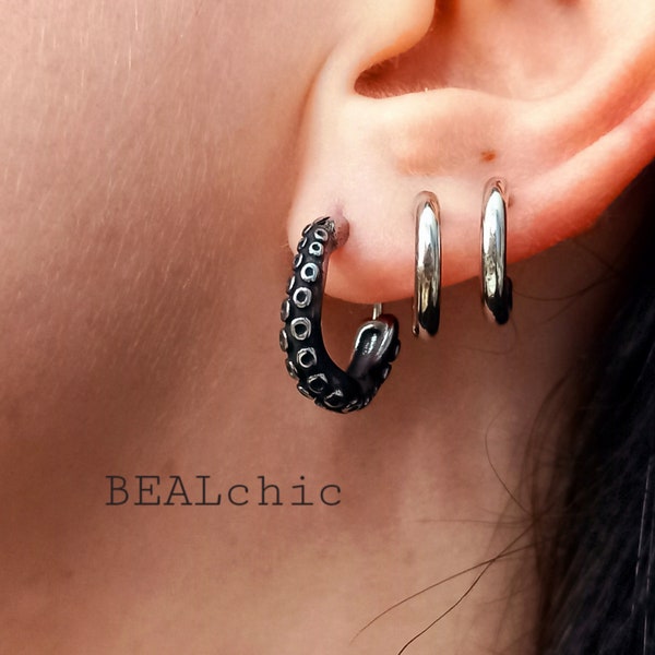 Boucle d'oreille créole en acier inoxydable Octopus tentacules animal marin et corne -  tendance a la mode homme/femme - bijou minimaliste