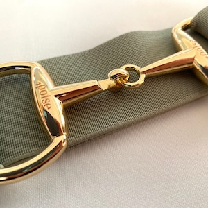 May include: A close-up of a gold-coloured metal buckle with the word "poise" engraved on it. The buckle is attached to a light green fabric strap.