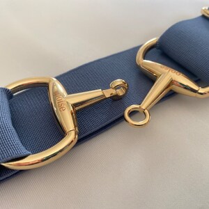 Op de afbeelding: Close-up van een blauwe elastische riem met goudkleurige metalen hardware. De hardware omvat een D-ring en een haaksluiting. Het woord "ooise" is op het metaal gegraveerd. Waarschijnlijk voor paardensport.