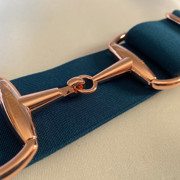1.5" Elastic Snaffle Belt - Marine Blue, Rose Gold Finish - Adjustable size (Equestrian outfit, Equestrian gift)