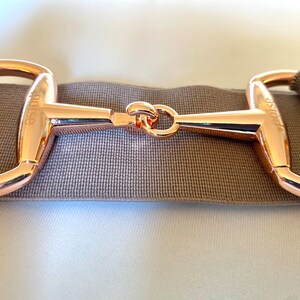 May include: A rose gold metal buckle with the word "poise" engraved on one side and "astode" engraved on the other side. The buckle is attached to a grey fabric strap.