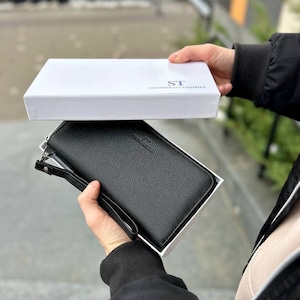 Cartera de cuero auténtico para hombre con compartimento para teléfono y bolsillo para monedas con cremallera, regalo de cartera de cuero para él