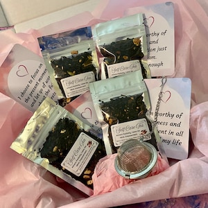 Self Care Tea Set, Loose Leaf Chocolate & Herbal Blend, Self Love Affirmation Card, Tea Lovers Gift, Mindfulness Gift, Self Care Gift Box