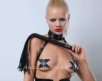 Underwear Slave Harness Suit with Whip and Handcuffs, Leather Fancy